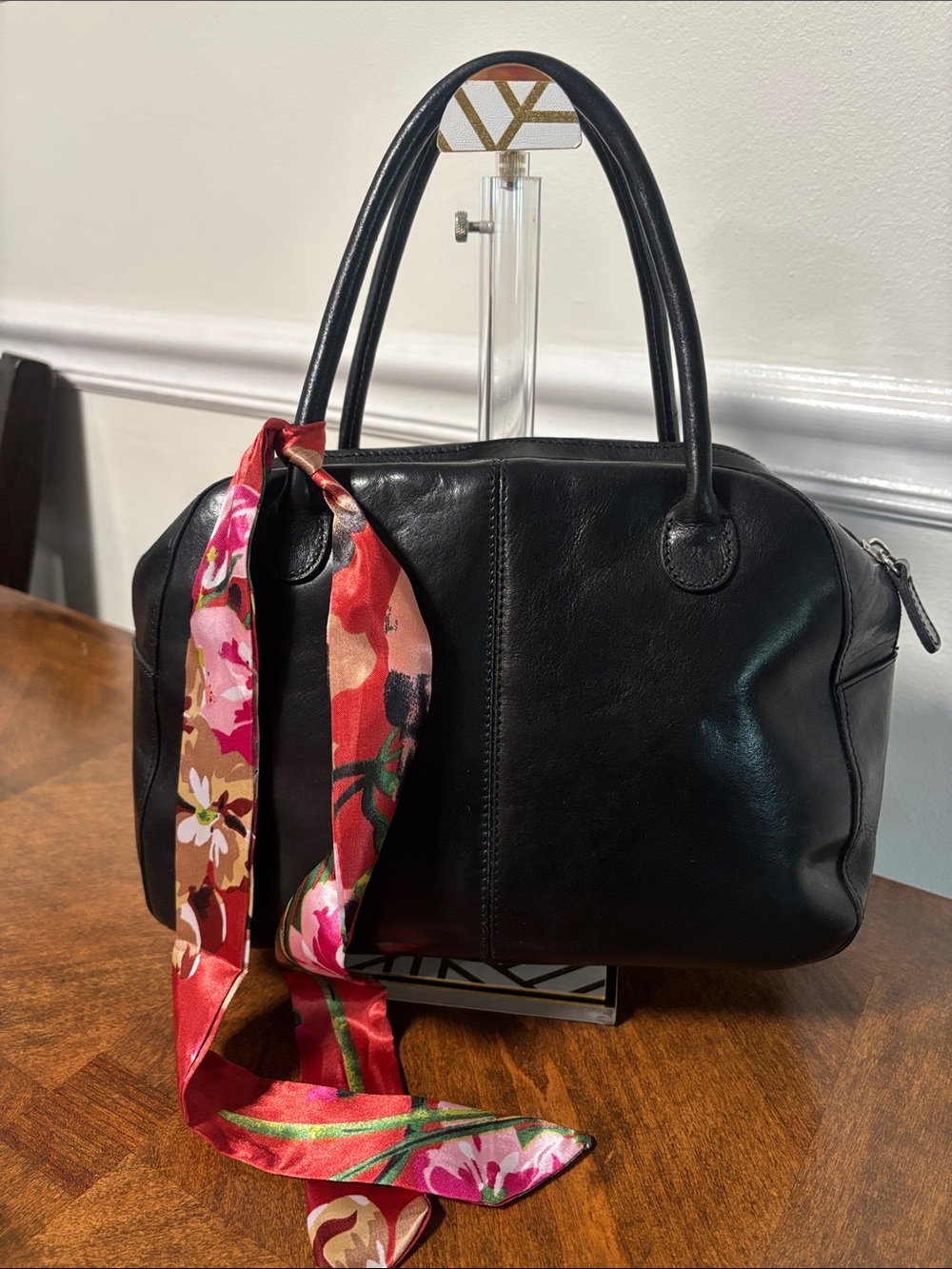 WILSON’S LEATHER Smooth Black Leather Double Top-Handle Satchel with Twilly- EUC - Picture 15 of 16